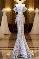 Pretty Mermaid Off The Shoulder Sequin Blue Long Semi Formal Prom Dresses Evening Gowns